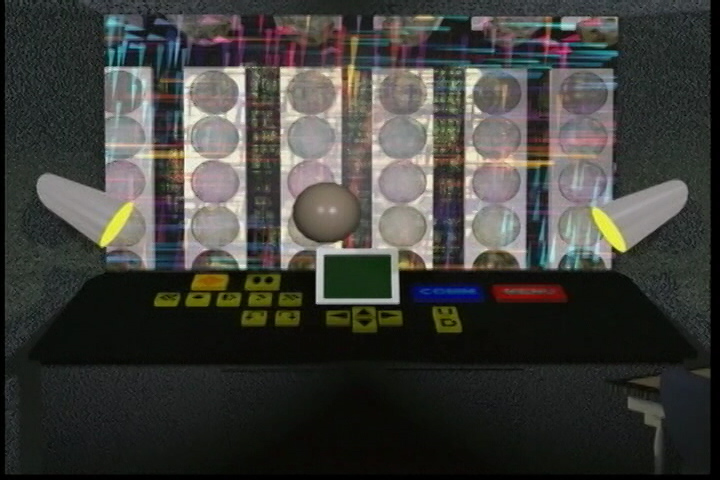 Inside the hololab where the player (represented by the sphere/head) corrects for the visible holographic static